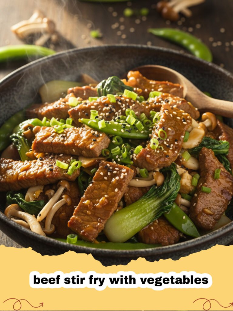 A steaming plate of beef stir fry with vegetables including broccoli and red peppers over white rice.