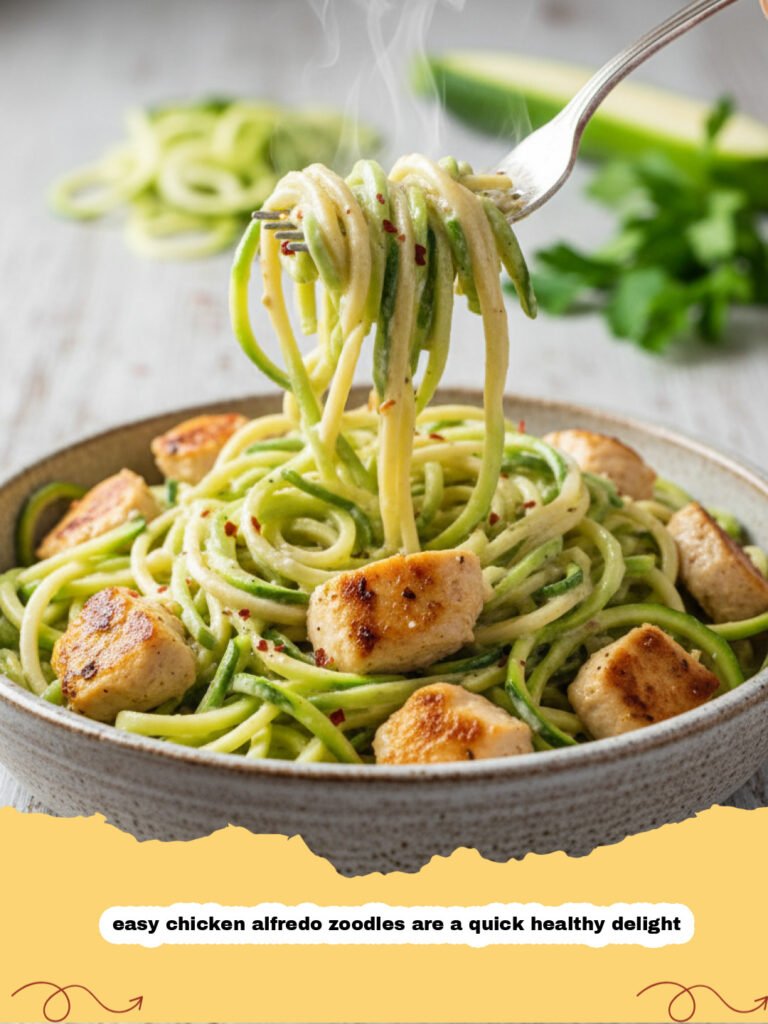 easy chicken alfredo zoodles are a quick healthy delight - A close up of creamy chicken alfredo zoodles in a white bowl