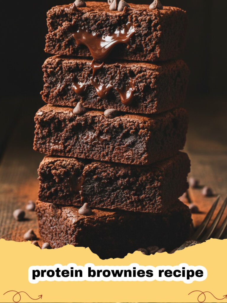 protein brownies recipe - A stack of fudgy protein brownies on a white plate with chocolate chips