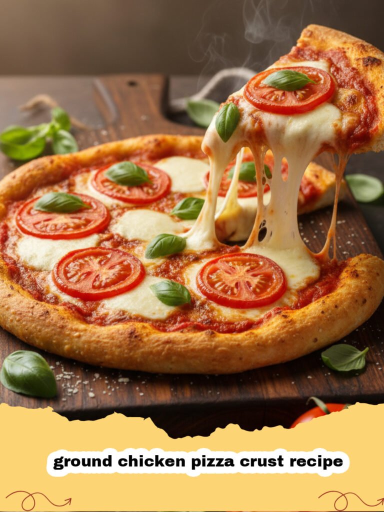 ground chicken pizza crust recipe - A golden brown ground chicken pizza crust topped with melted cheese and fresh basil.