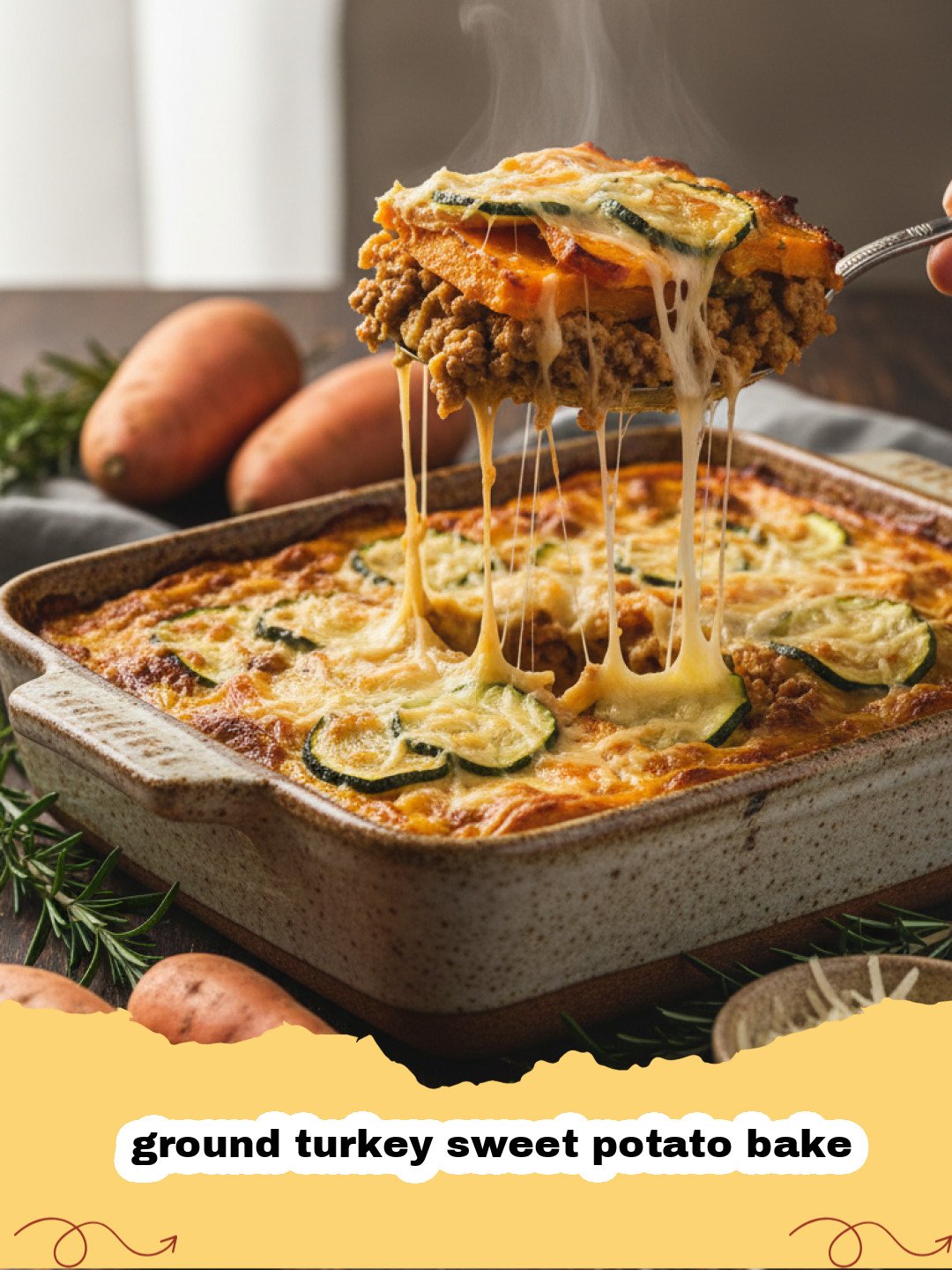 A colorful ground turkey sweet potato bake served in a glass baking dish with melted cheese and fresh herbs.