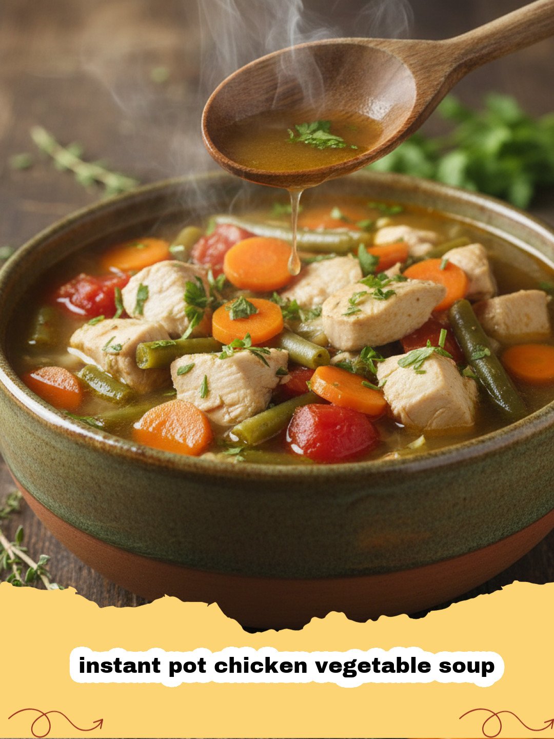 A steaming bowl of instant pot chicken vegetable soup with fresh herbs