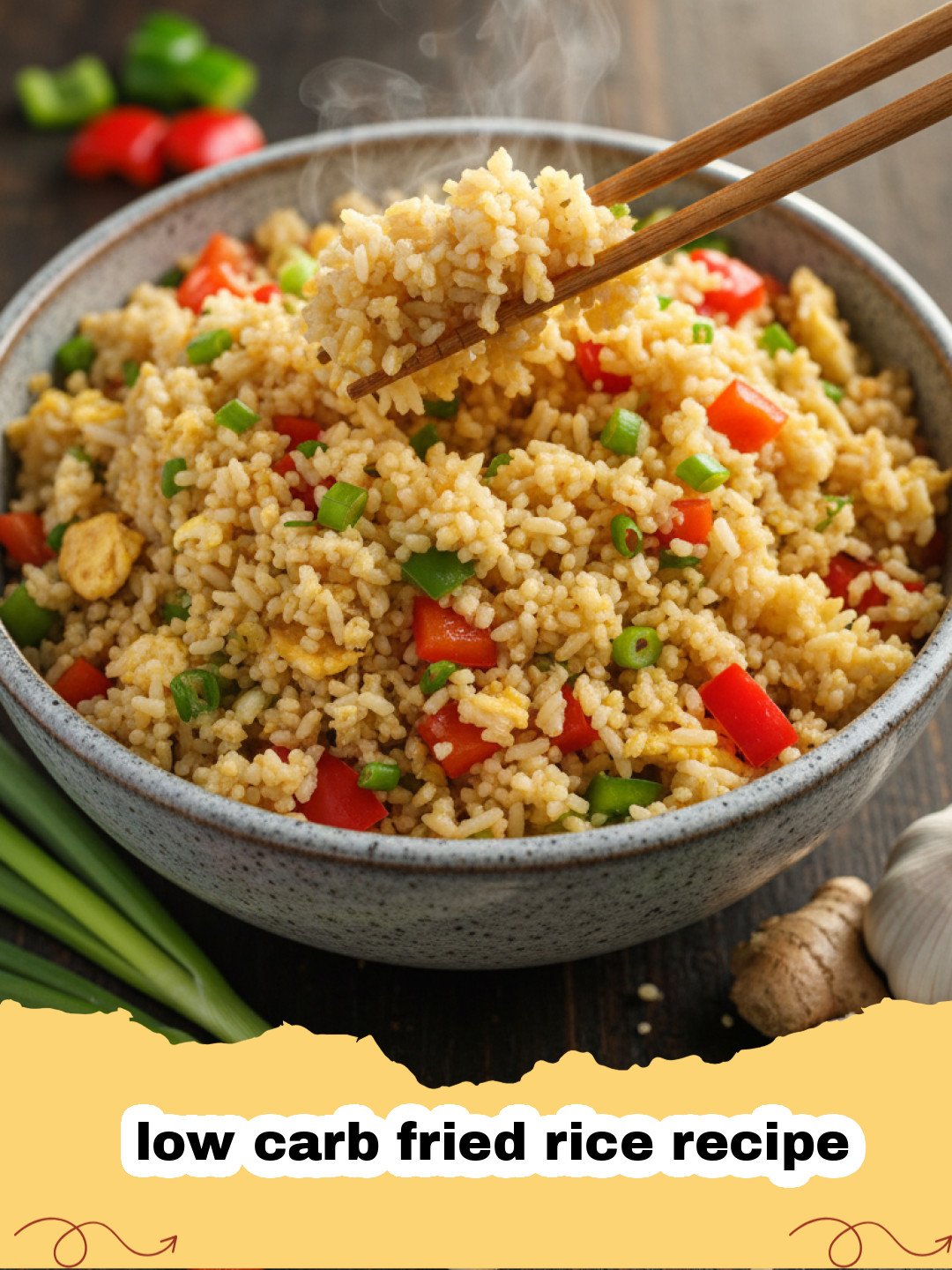 low carb fried rice recipe - A bowl of low carb cauliflower fried rice garnished with green onions and sesame seeds