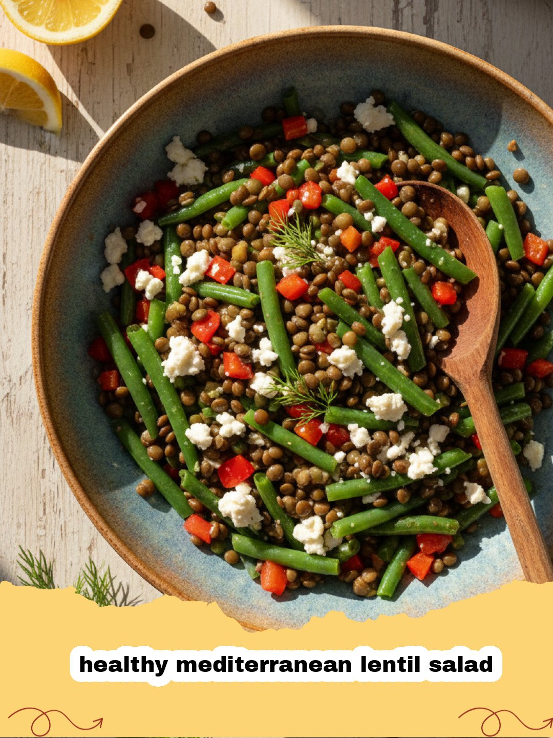 A close-up shot of a healthy mediterranean lentil salad in a white bowl with fresh herbs and lemon wedges.