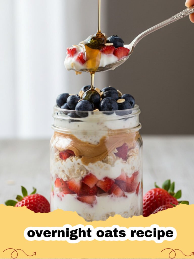 overnight oats recipe - A glass jar filled with creamy overnight oats topped with fresh berries and seeds.