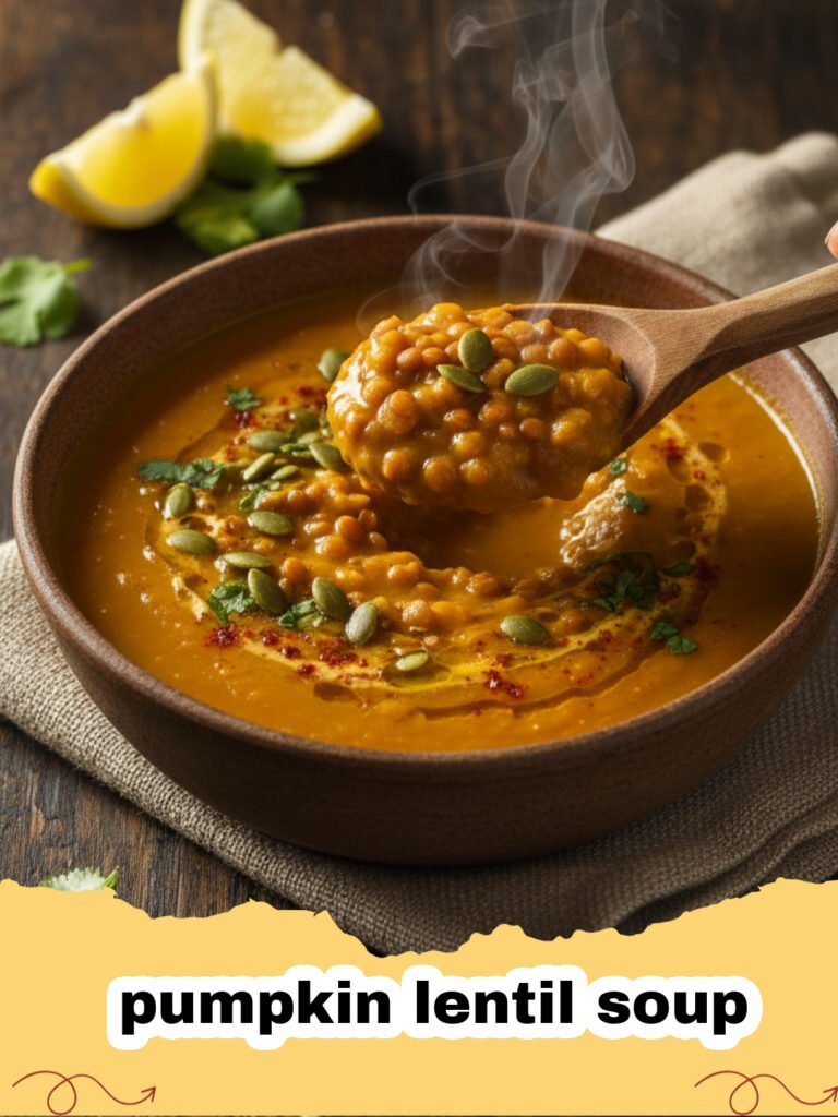 A steaming bowl of creamy pumpkin lentil soup topped with pumpkin seeds and fresh herbs.