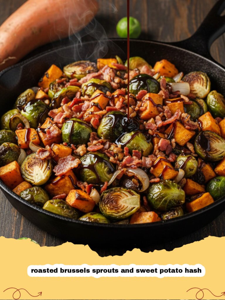 A close-up shot of crispy roasted brussels sprouts and sweet potato hash on a baking sheet.