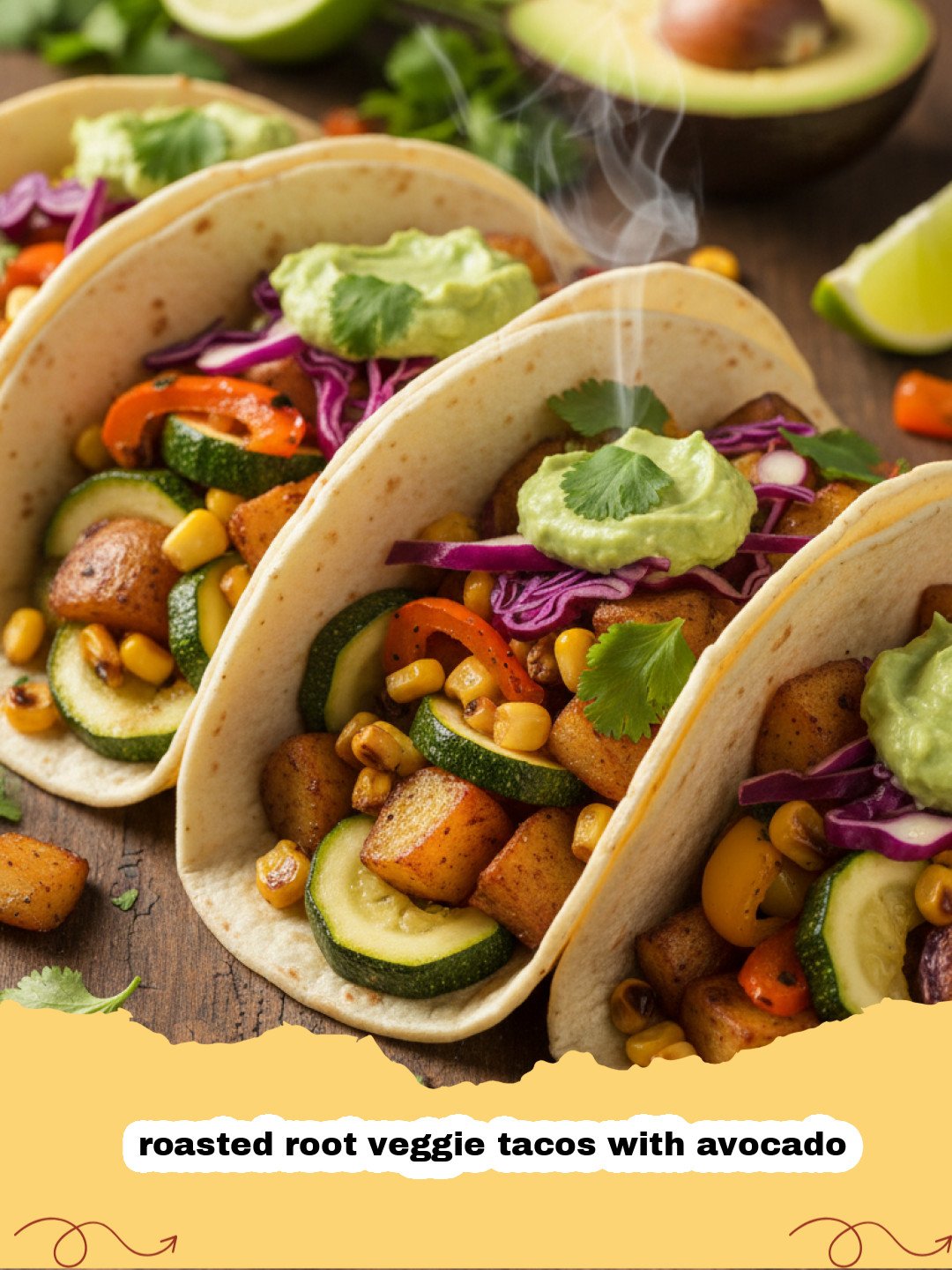 A plate of roasted root veggie tacos with avocado topped with cilantro and lime.