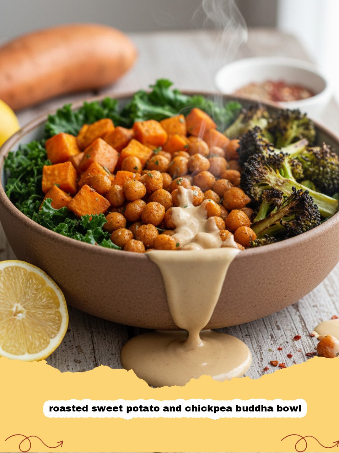 A vibrant roasted sweet potato and chickpea buddha bowl topped with avocado and tahini dressing.