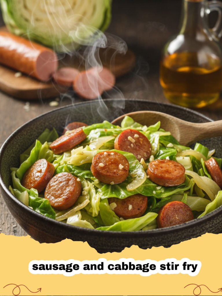 A steaming pan of sausage and cabbage stir fry with caramelized sausage rounds and vibrant green cabbage ribbons.