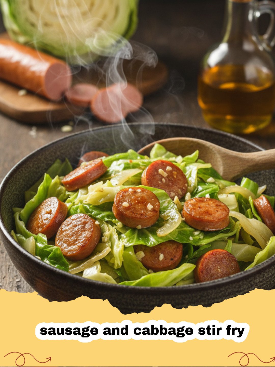 A steaming pan of sausage and cabbage stir fry with caramelized sausage rounds and vibrant green cabbage ribbons.