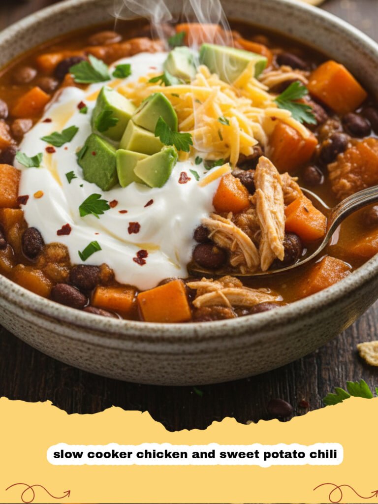 A bowl of slow cooker chicken and sweet potato chili topped with avocado and cilantro.
