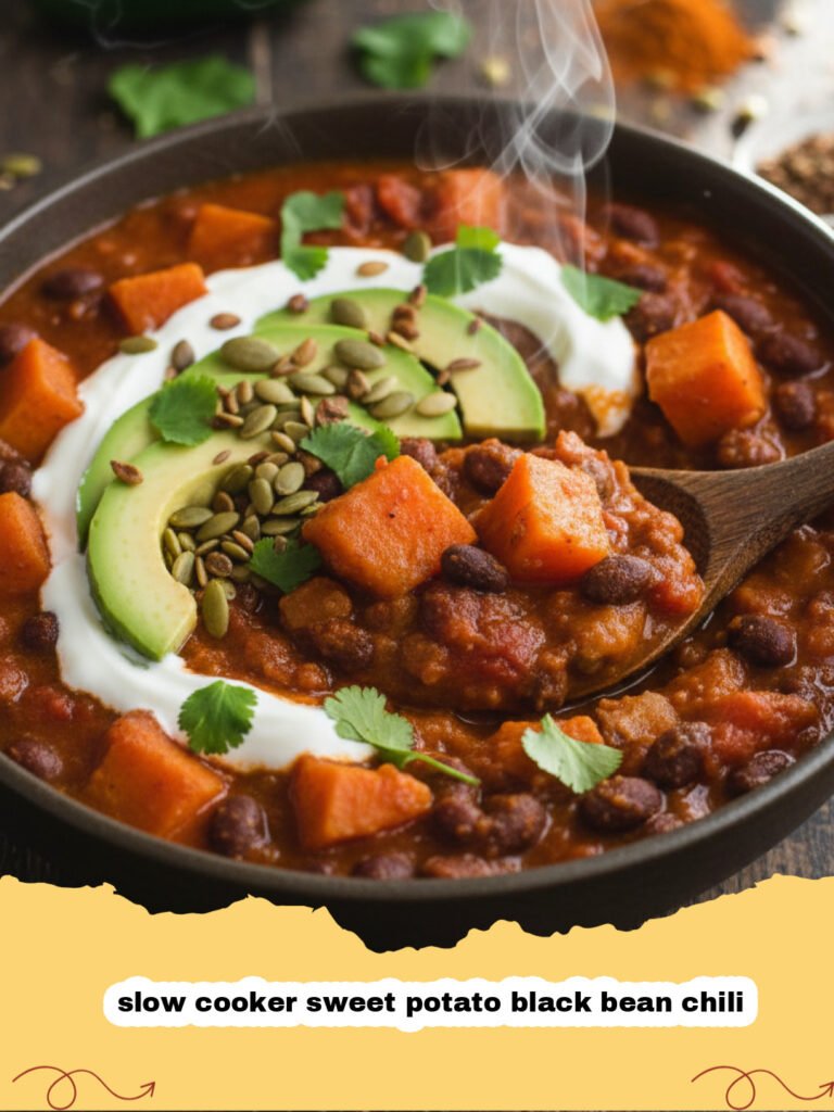 A steaming bowl of slow cooker sweet potato black bean chili topped with avocado and cilantro.