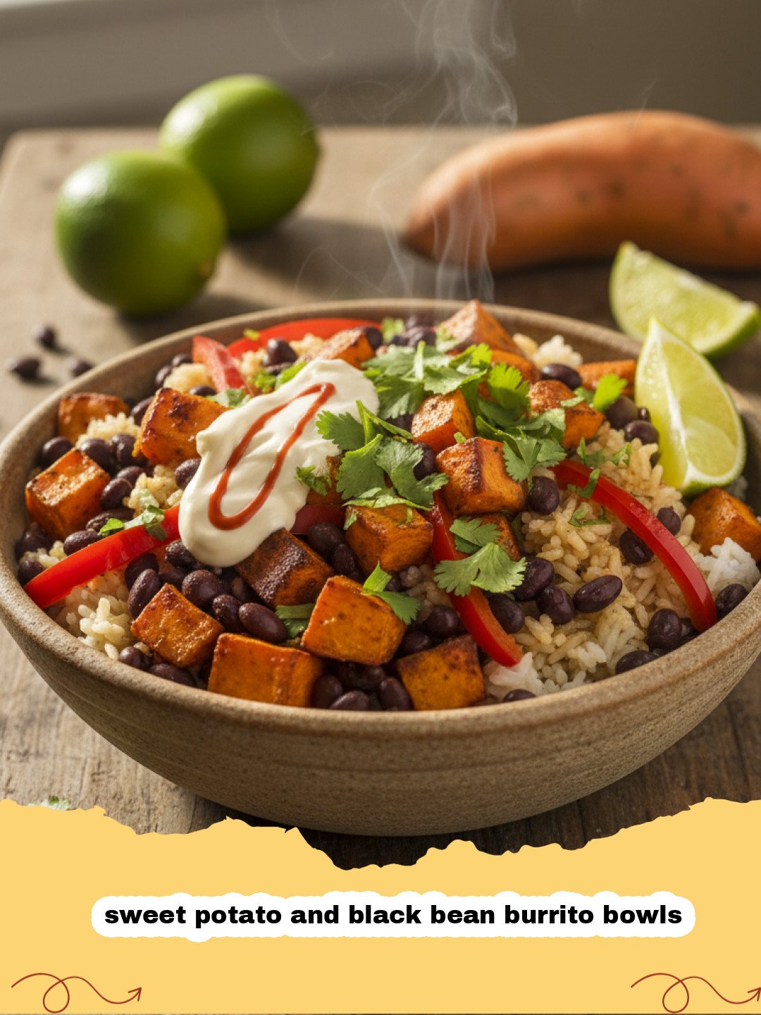 sweet potato and black bean burrito bowls - A colorful sweet potato and black bean burrito bowl with rice, avocado, and fresh cilantro.