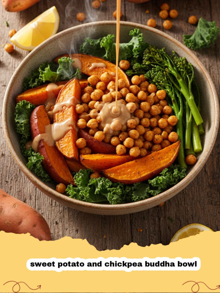 A colorful sweet potato and chickpea buddha bowl with avocado and tahini dressing