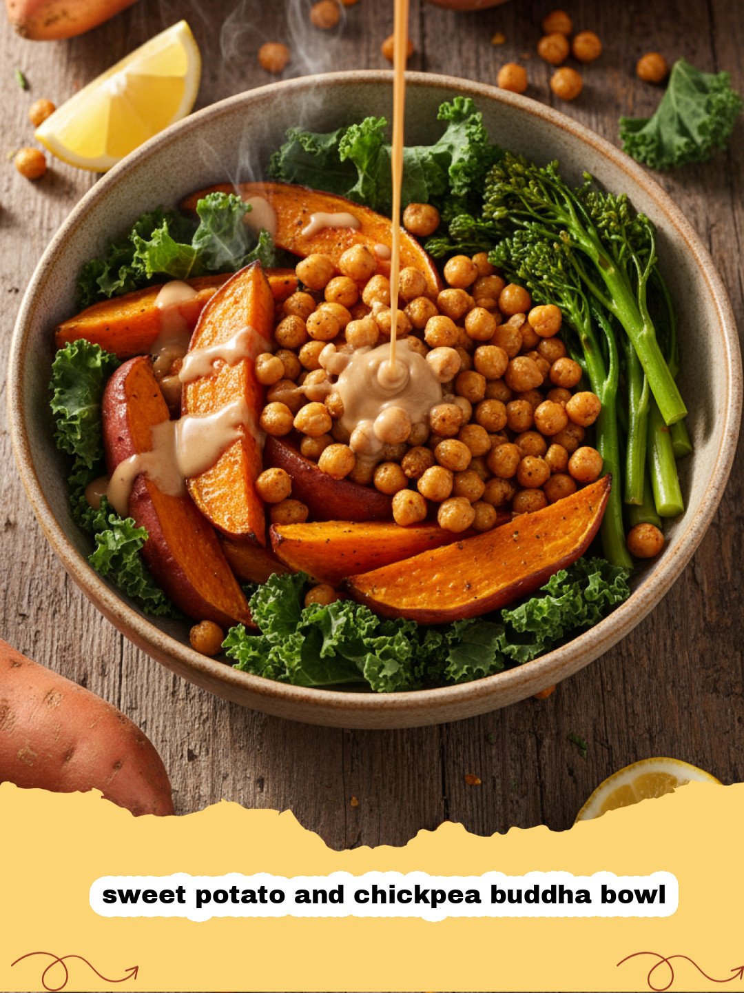 A colorful sweet potato and chickpea buddha bowl with avocado and tahini dressing