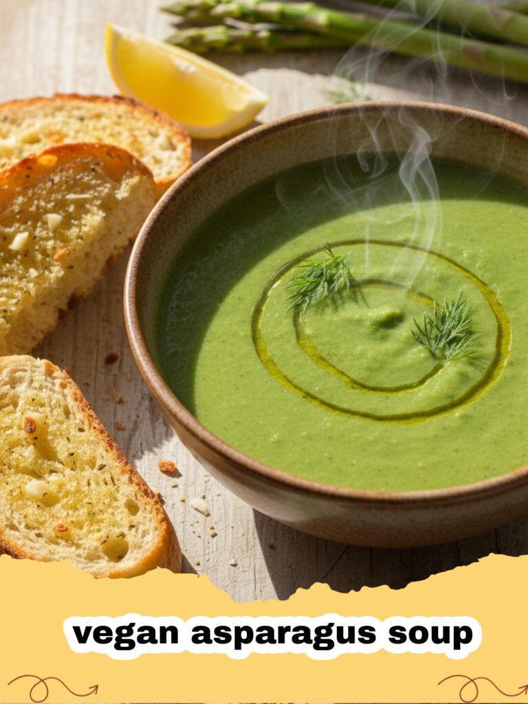 A bowl of vibrant green vegan asparagus soup topped with chives and asparagus tips
