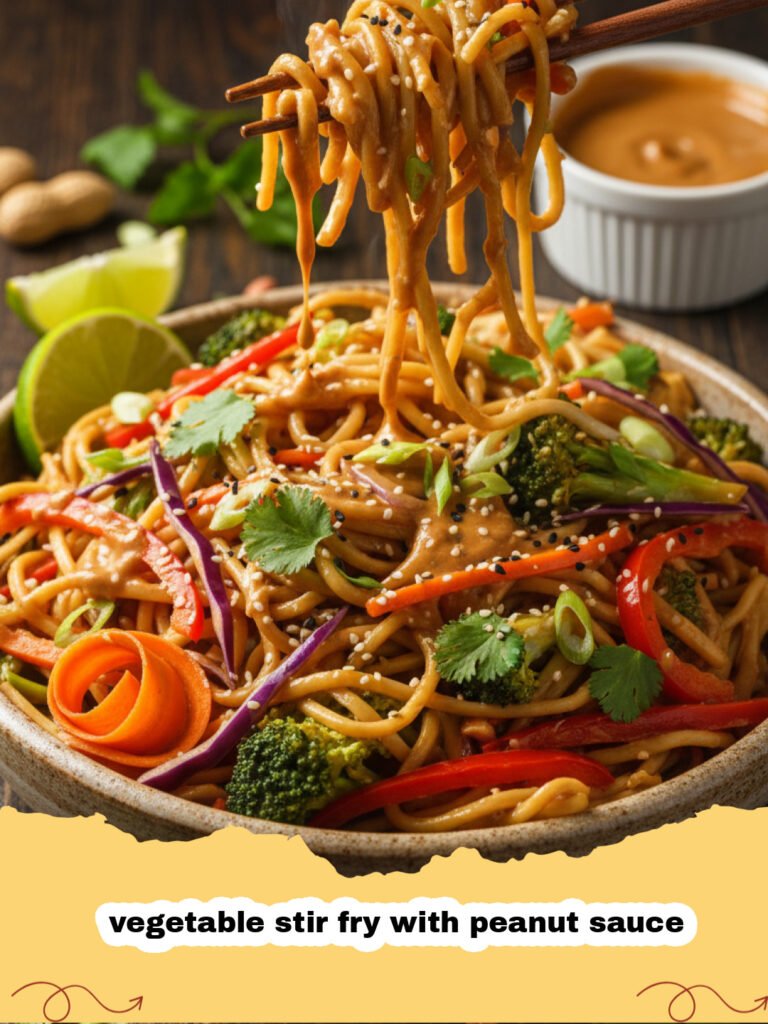 A colorful vegetable stir fry with peanut sauce served in a white bowl with sesame seeds on top.