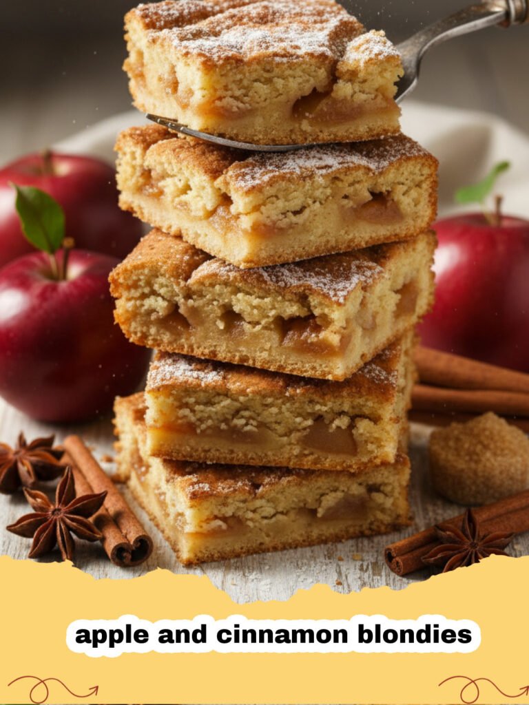 A close up view of several square apple and cinnamon blondies stacked on a wooden board.