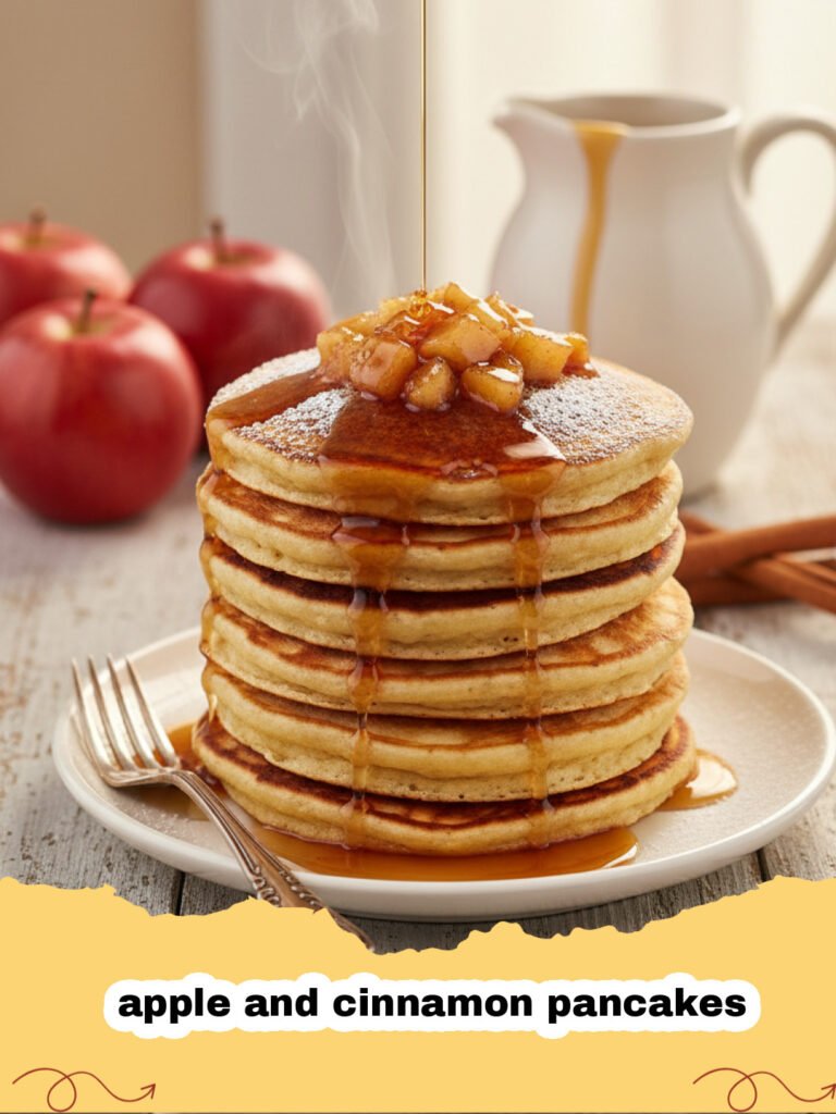 Stack of fluffy apple and cinnamon pancakes topped with sliced apples and maple syrup