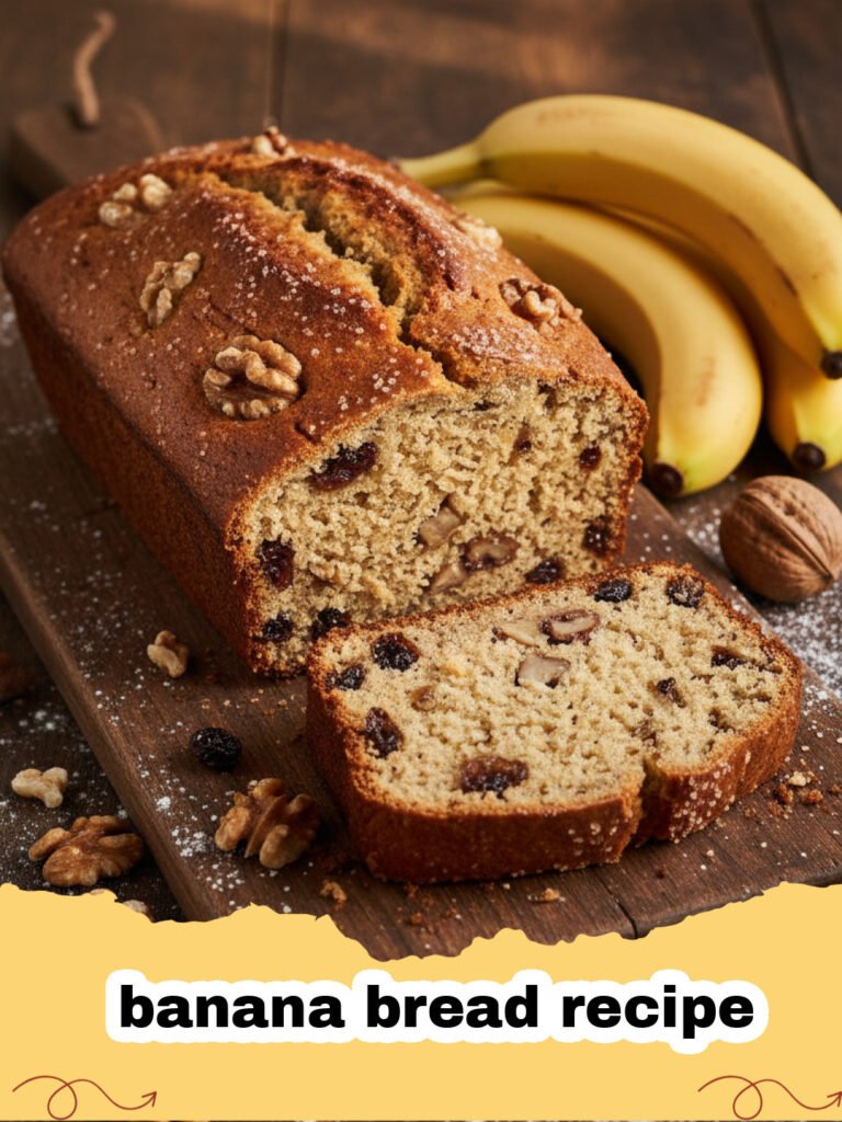 banana bread recipe - A golden brown loaf of fresh banana bread on a wooden board.