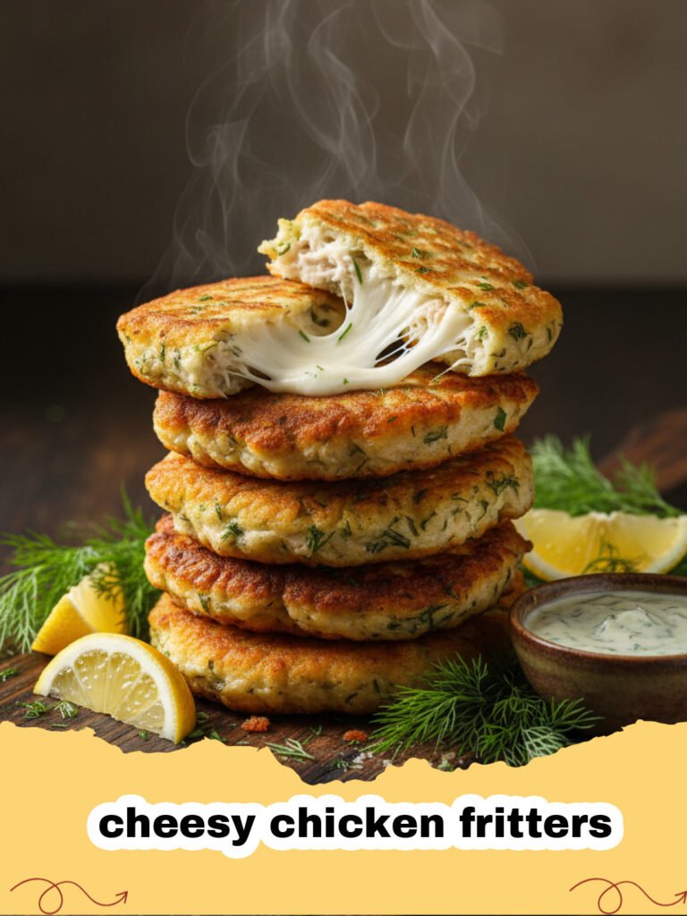 Golden brown cheesy chicken fritters served on a white plate with dipping sauce