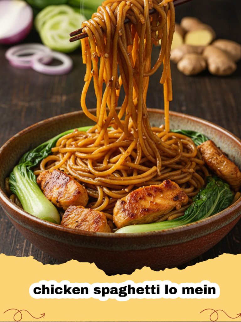 A steaming bowl of chicken spaghetti lo mein with colorful vegetables and glossy noodles