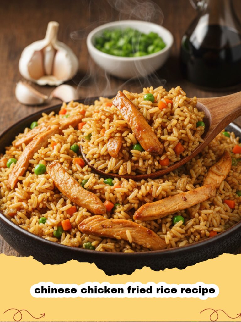 chinese chicken fried rice recipe - A steaming bowl of homemade chinese chicken fried rice garnished with green onions