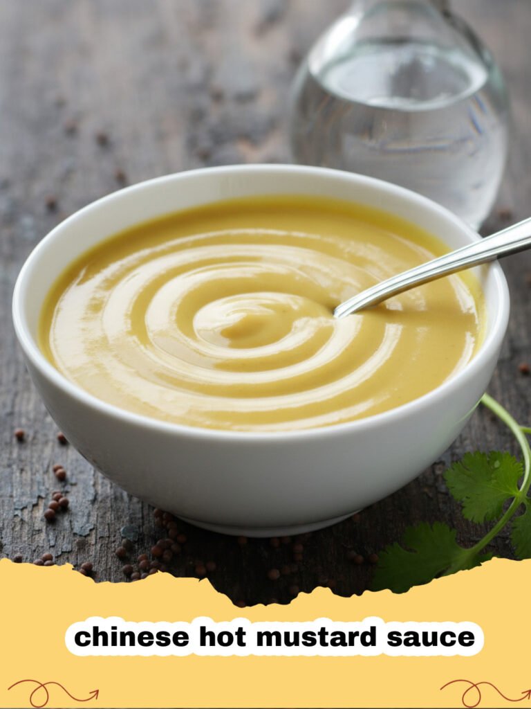 A small white ceramic bowl filled with vibrant yellow chinese hot mustard sauce next to a plate of spring rolls.