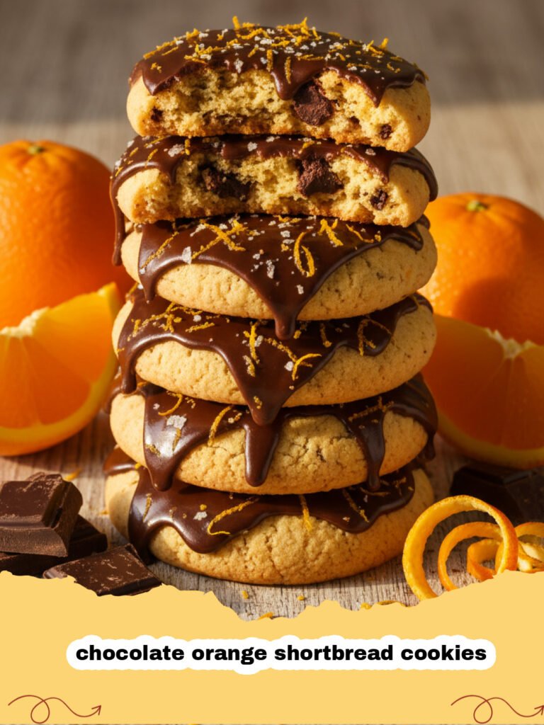 A stack of round chocolate orange shortbread cookies with visible orange zest and a dusting of cocoa.