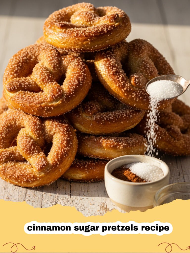 cinnamon sugar pretzels recipe - Golden brown soft pretzels coated in cinnamon sugar on a baking rack.