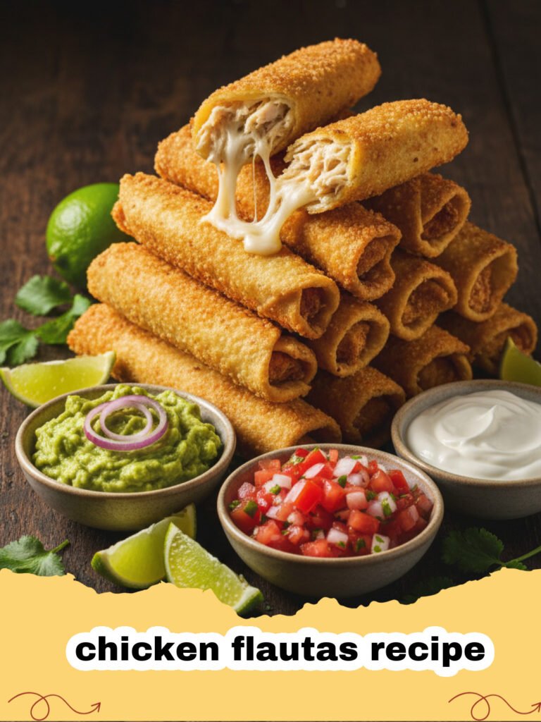 chicken flautas recipe - Golden brown crispy chicken flautas on a plate with toppings