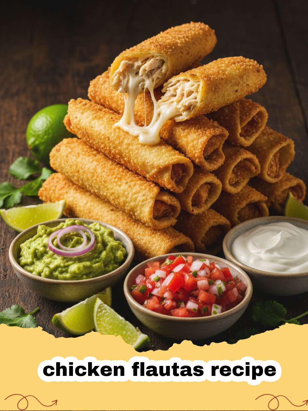 chicken flautas recipe - Golden brown crispy chicken flautas on a plate with toppings
