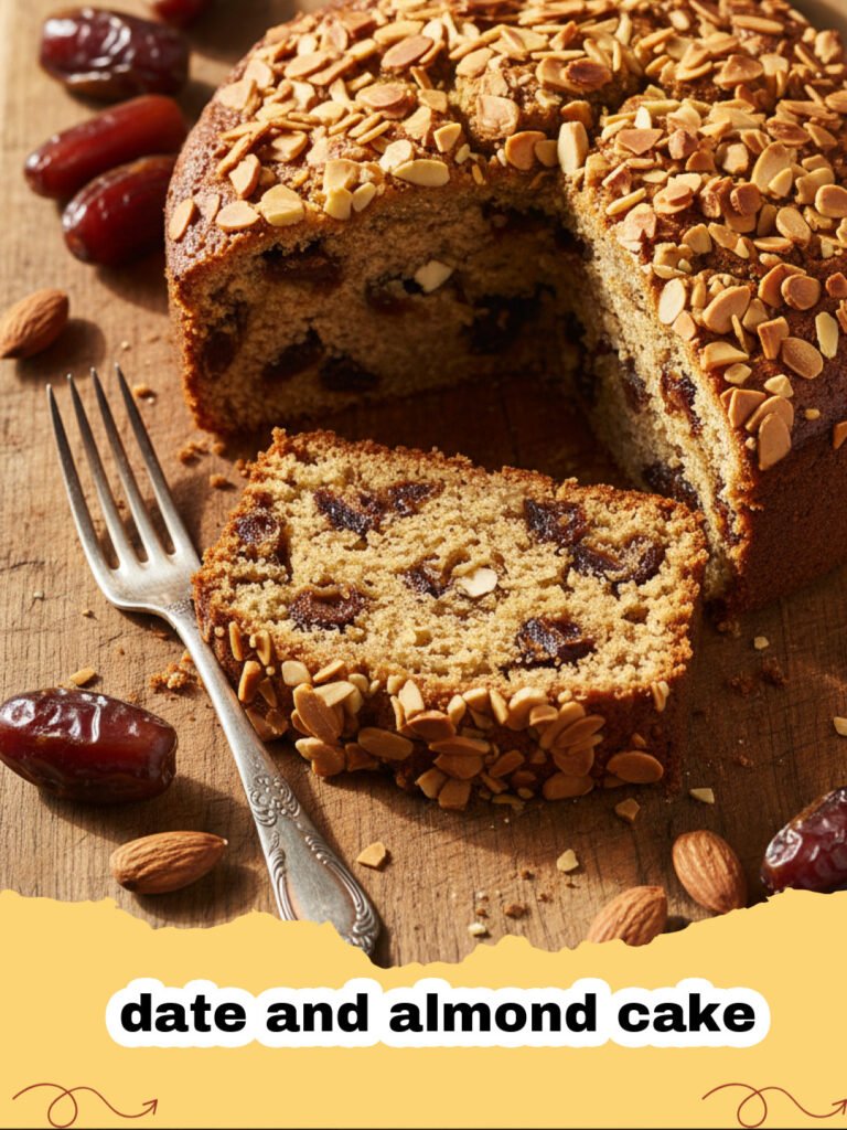 A beautiful slice of golden brown date and almond cake topped with toasted almond flakes on a ceramic plate.