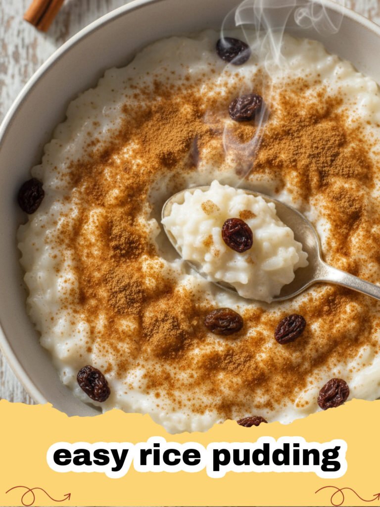 A close up shot of a bowl of creamy easy rice pudding topped with cinnamon.
