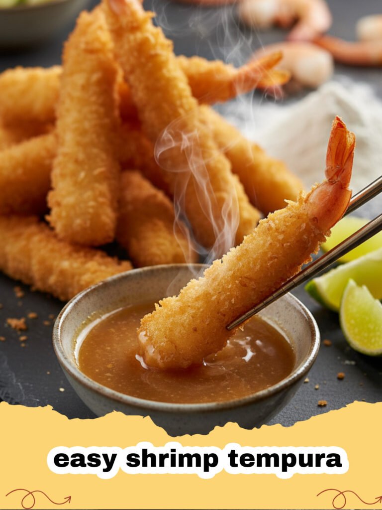 A plate of crispy golden easy shrimp tempura with a side of dipping sauce