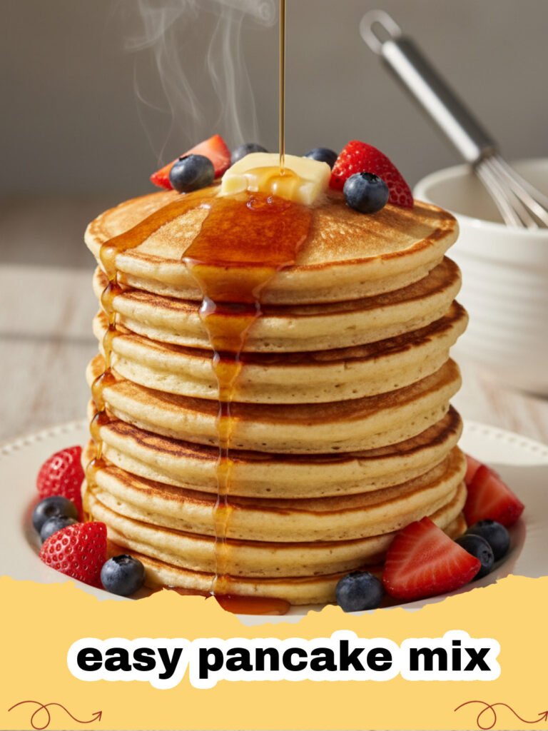A stack of fluffy pancakes made from homemade easy pancake mix with butter and syrup.