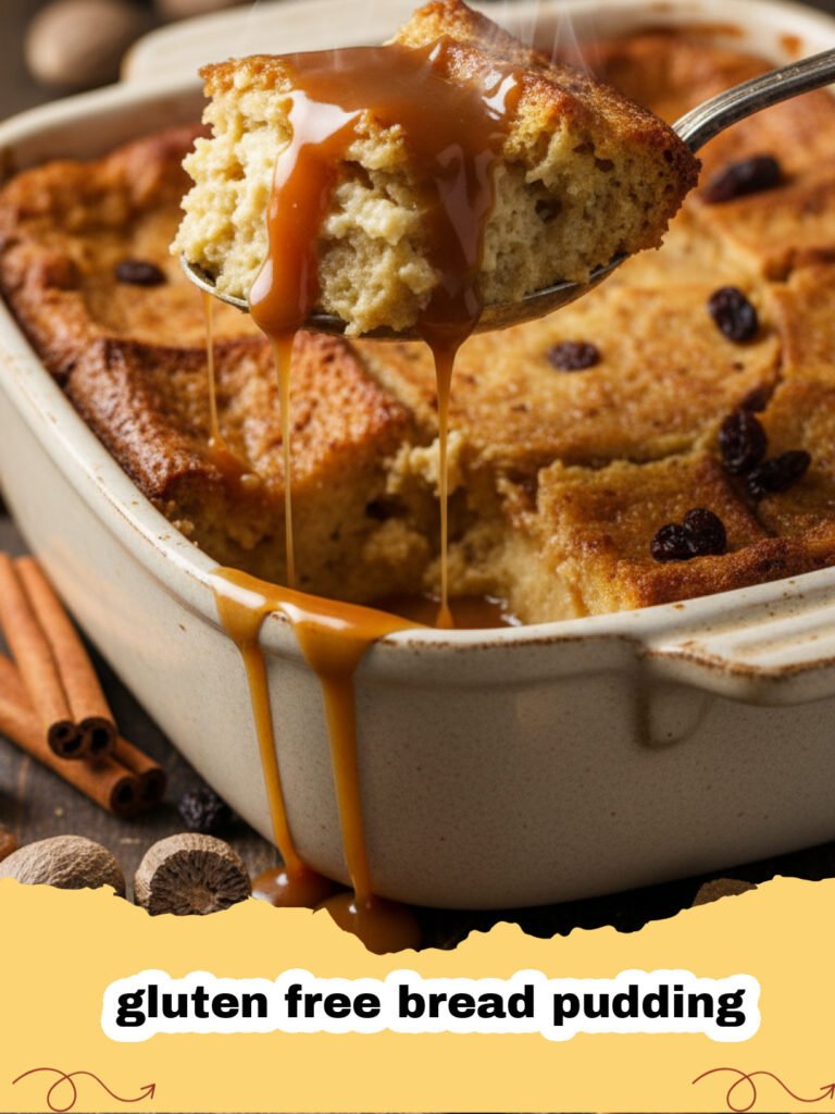 A golden-brown gluten free bread pudding in a white ceramic baking dish