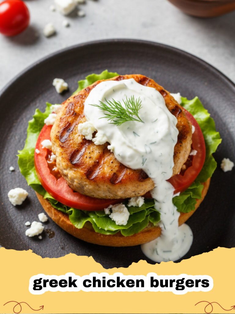 greek chicken burgers - A close up of a Greek chicken burger with tzatziki and cucumbers on a toasted bun.