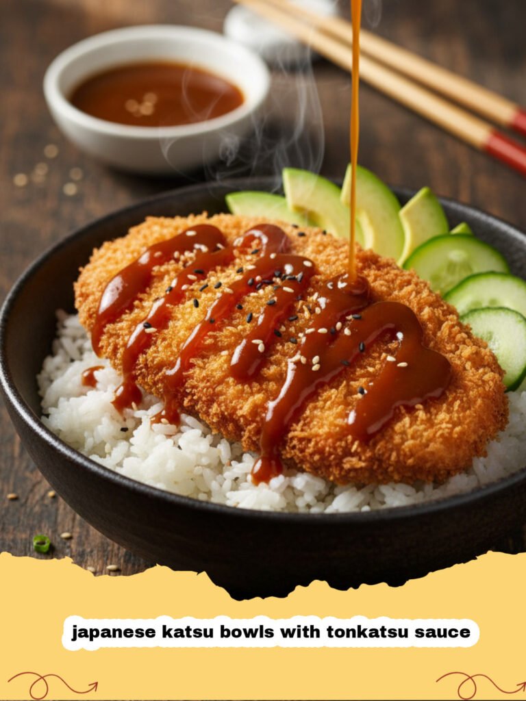 Golden brown crispy japanese katsu bowls with tonkatsu sauce on a bed of rice and cabbage.