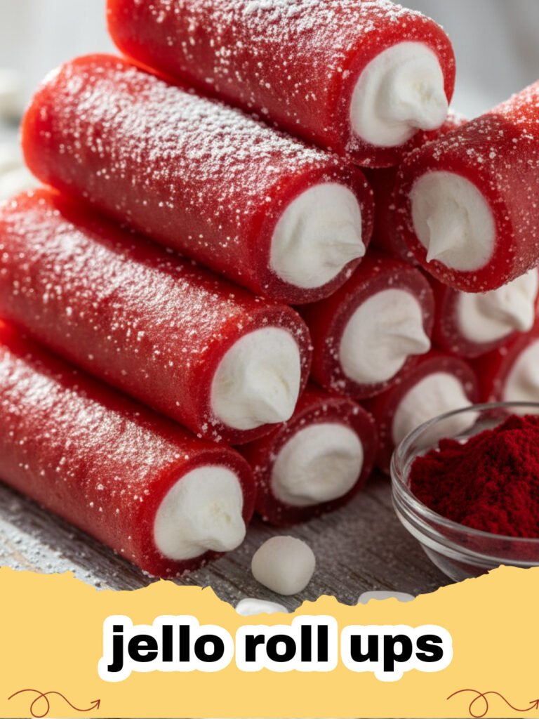 Close-up of colorful red and white jello roll ups spiraled on a white plate.
