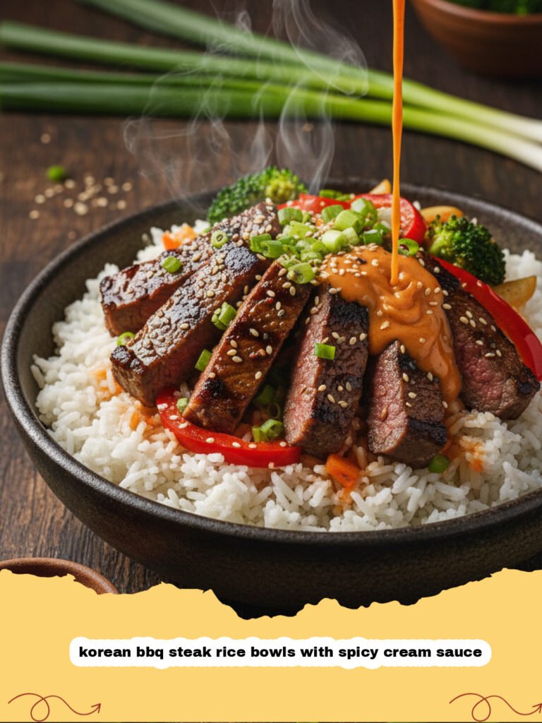 korean bbq steak rice bowls with spicy cream sauce - A vibrant bowl filled with Korean BBQ steak, rice, kimchi, and a drizzle of spicy cream sauce.