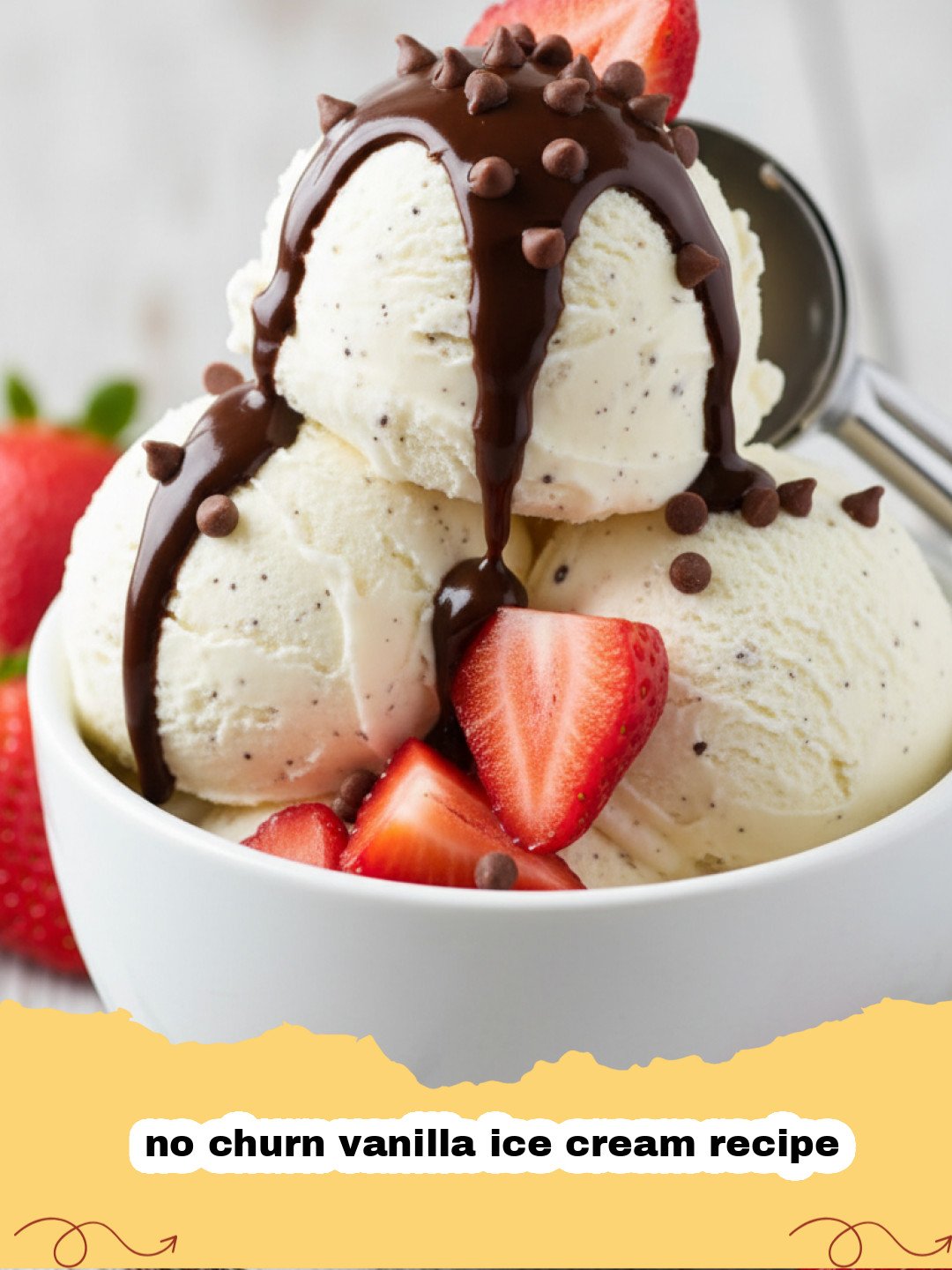 no churn vanilla ice cream recipe - A close-up of a scoop of creamy no churn vanilla ice cream in a white bowl with a sprig of mint.