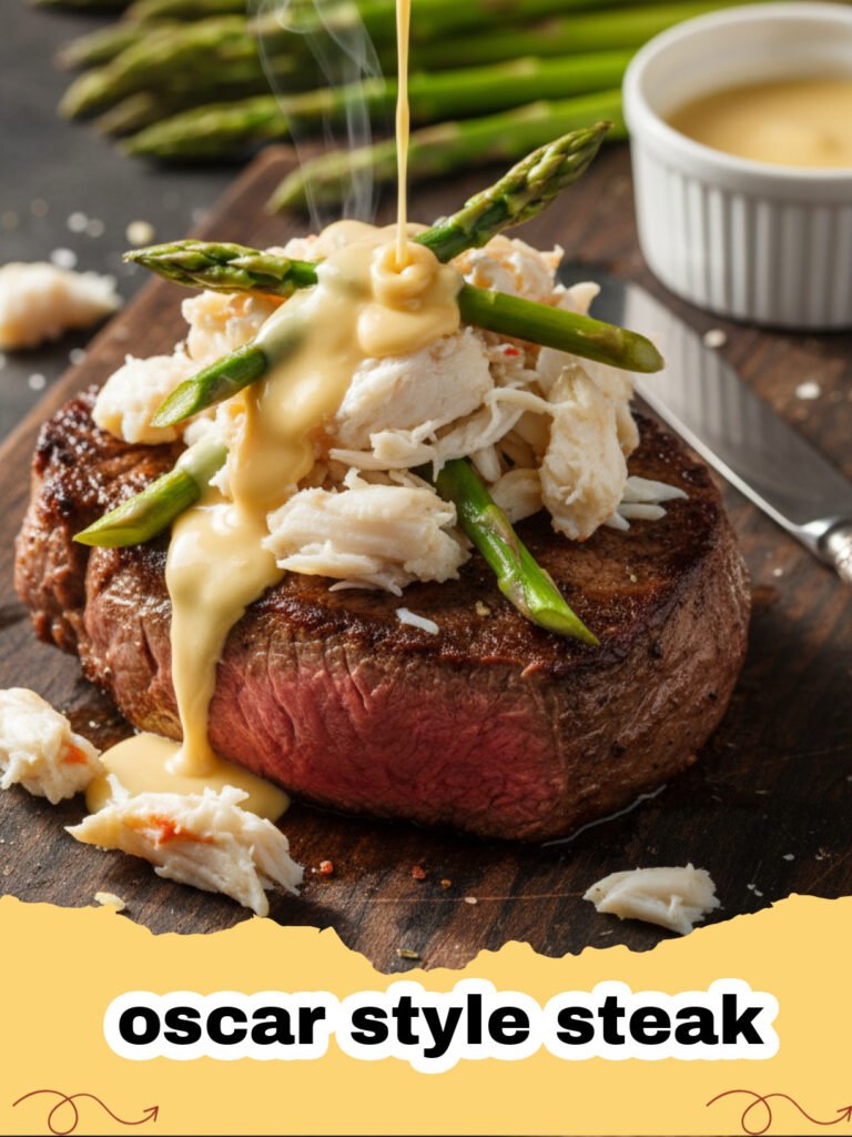 A close-up of a perfectly cooked oscar style steak topped with crab and yellow sauce.