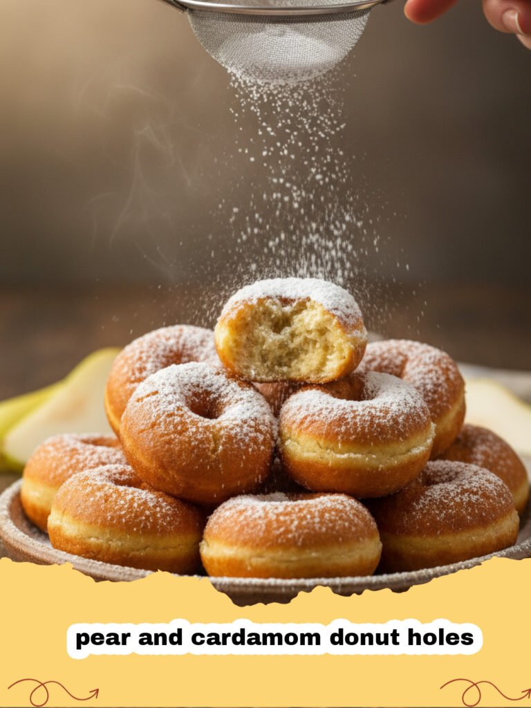 A stack of golden brown pear and cardamom donut holes coated in sparkling cardamom sugar.