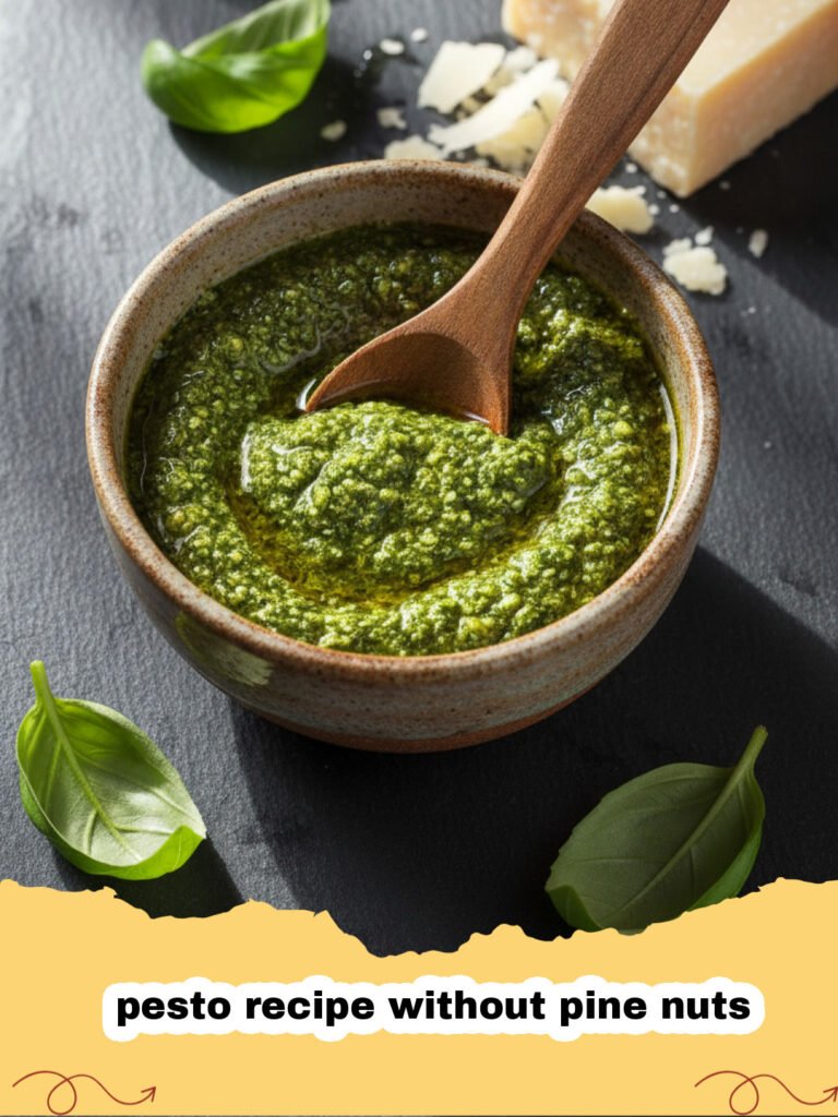 pesto recipe without pine nuts - Fresh green pesto in a glass jar surrounded by basil leaves and walnuts.