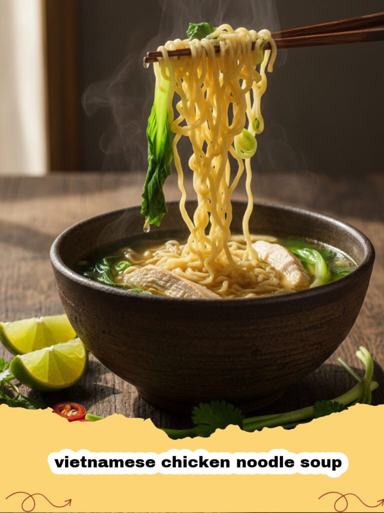 vietnamese chicken noodle soup - A steaming bowl of Vietnamese chicken noodle soup with fresh herbs and lime