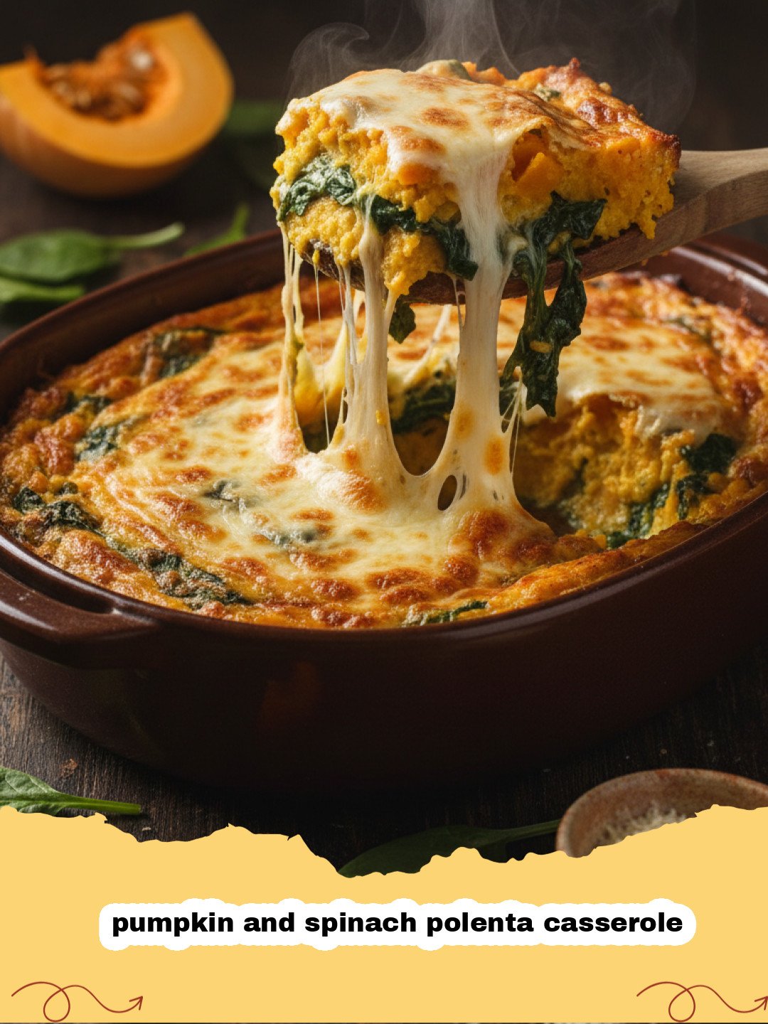A golden-brown pumpkin and spinach polenta casserole in a glass baking dish, showing layers of orange pumpkin and green spinach.
