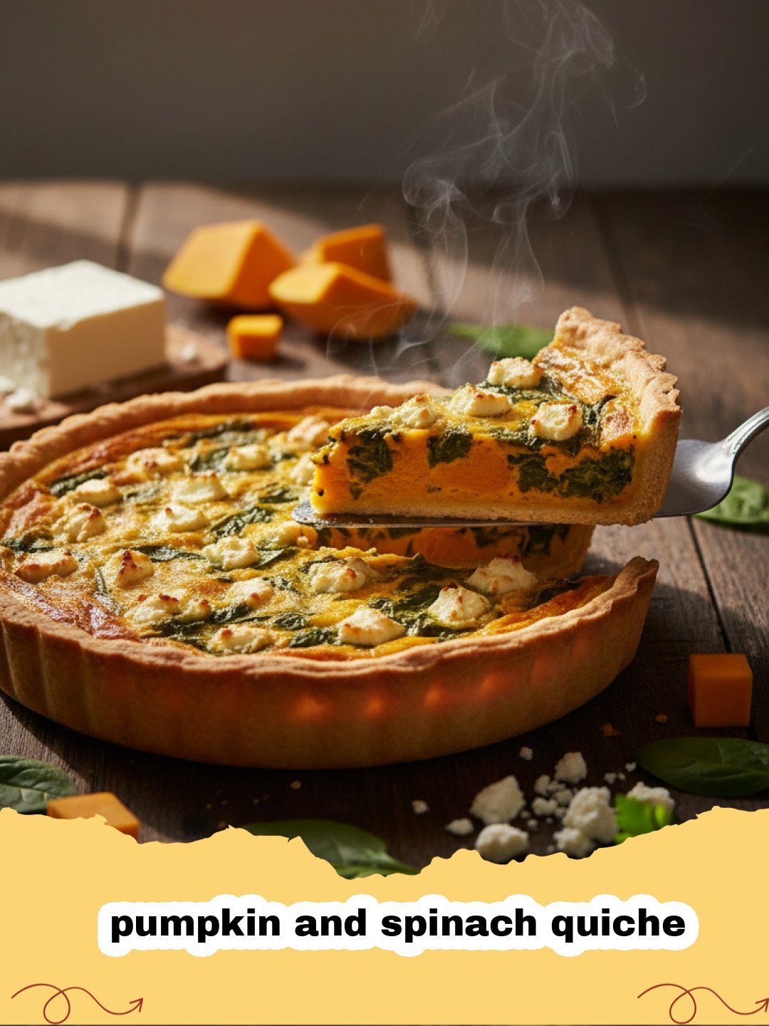 A golden-brown pumpkin and spinach quiche on a wooden table surrounded by autumn leaves.