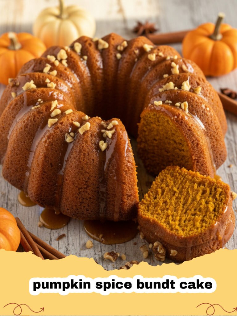 A golden-brown pumpkin spice bundt cake on a wire rack with a light dusting of sugar.